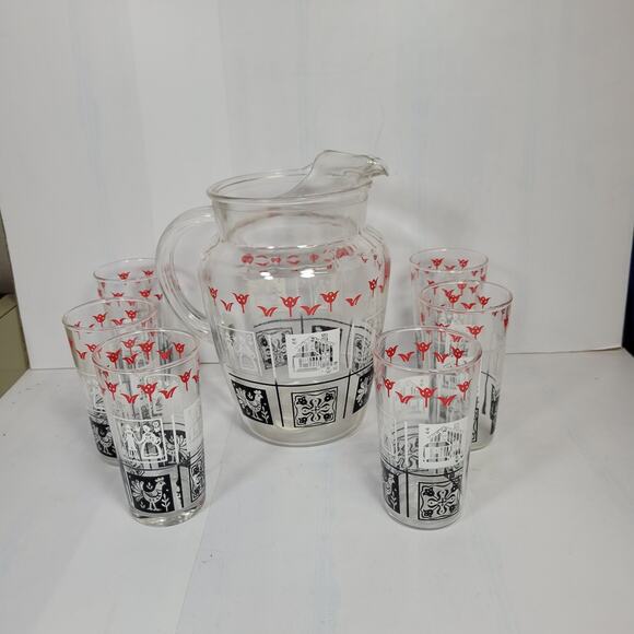 Vintage Amish Folk Art Pitcher & 6 Tumblers, American Gothic Butter Print - Picture 1 of 6